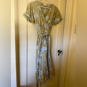 Sézane Wrap Dress - Size FR 42, Yellow/Off-White/Grey